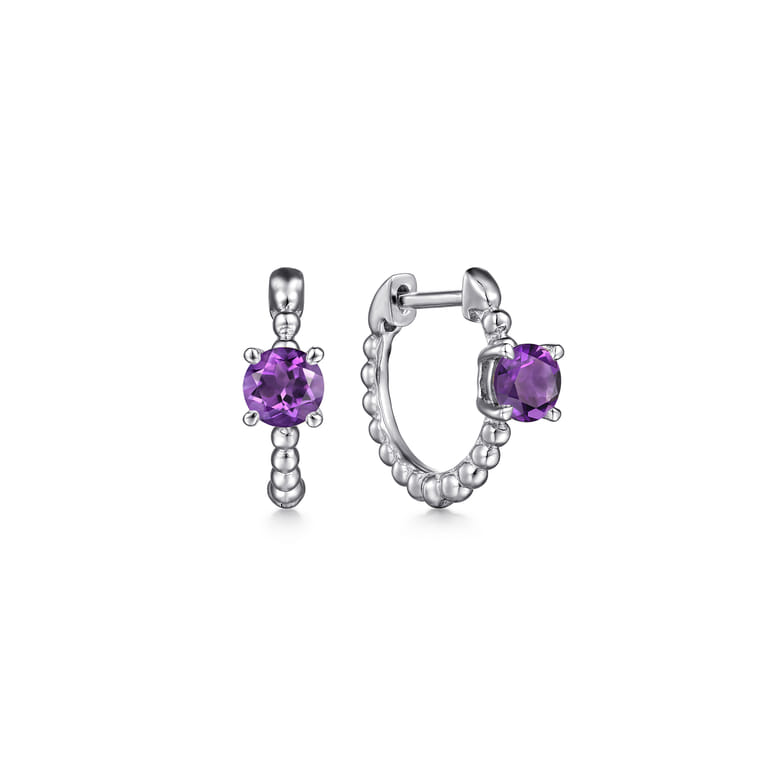14K White Gold Round Amethyst Bujukan Huggies - Shot 1