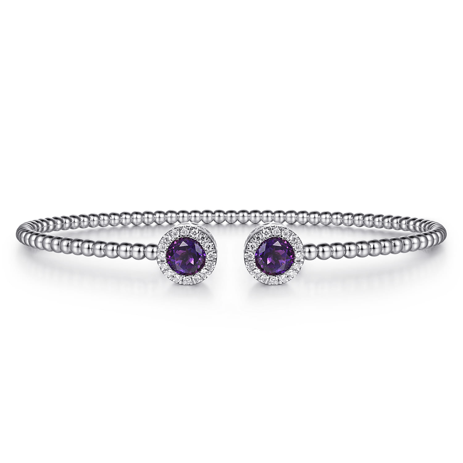 14K White Gold Round Amethyst and Diamond Halo Bujukan Bangle - 0.16 ct - Shot 1