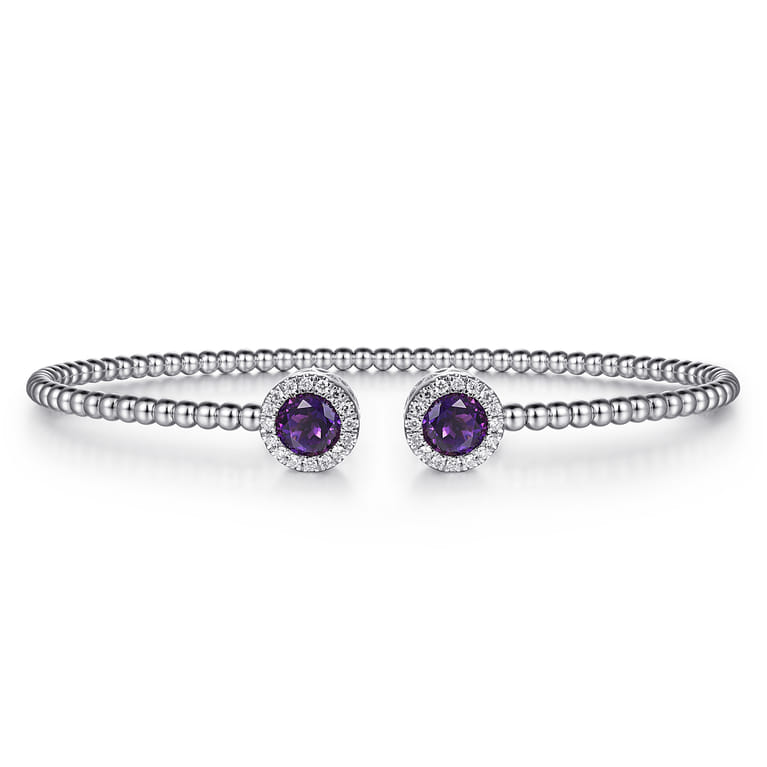 14K White Gold Round Amethyst and Diamond Halo Bujukan Bangle - 0.16 ct - Shot 1