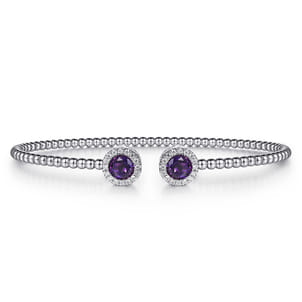14K White Gold Round Amethyst and Diamond Halo Bujukan Bangle