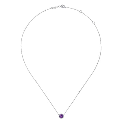 14K White Gold Round Amethyst and Diamond Halo Pendant Necklace