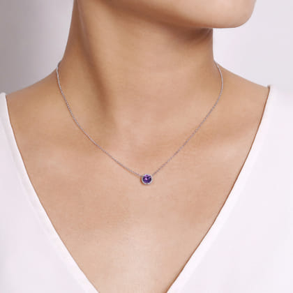 14K White Gold Round Amethyst and Diamond Halo Pendant Necklace