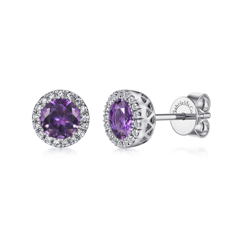 14K White Gold Round Amethyst and Diamond Halo Stud Earrings - 0.1 ct - Shot 1