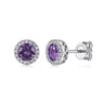 14K White Gold Round Amethyst and Diamond Halo Stud Earrings - 0.1 ct