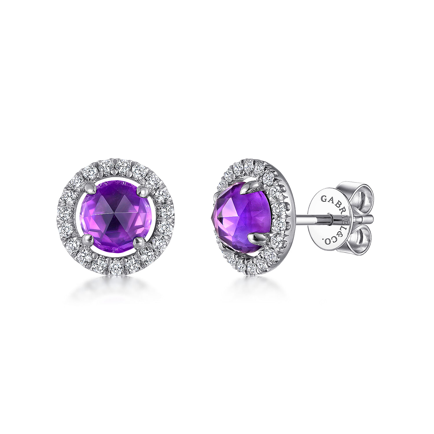 14K White Gold Round Amethyst and Diamond Halo Stud Earrings