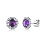 14K White Gold Round Amethyst and Diamond Halo Stud Earrings