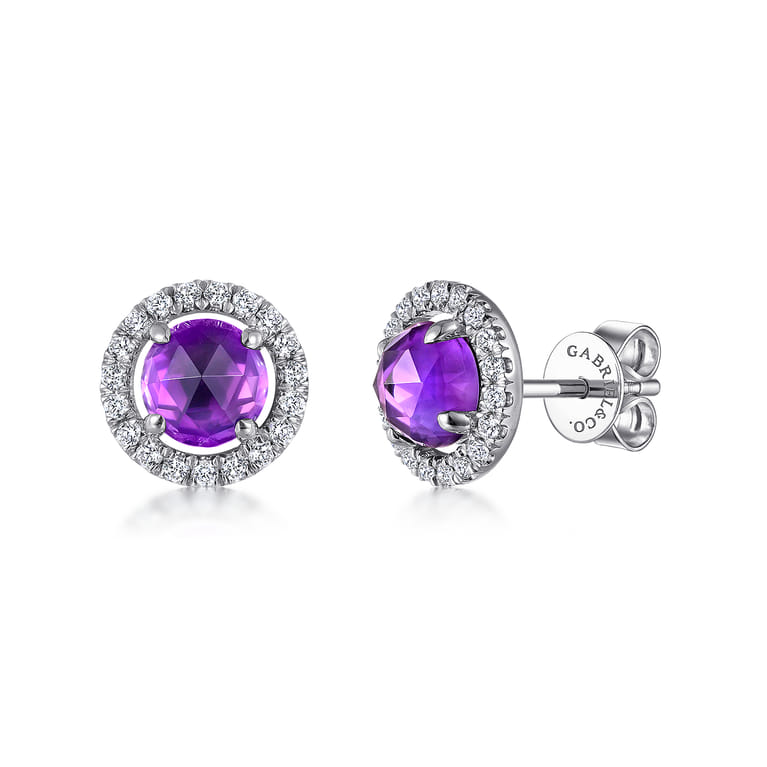 14K White Gold Round Amethyst and Diamond Halo Stud Earrings - 0.3 ct - Shot 1