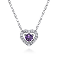 14K White Gold Round Amethyst and Diamond Heart Pendant Necklace