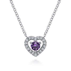 14K White Gold Round Amethyst and Diamond Heart Pendant Necklace