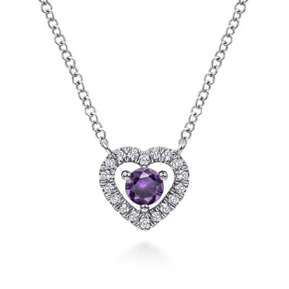 14K White Gold Round Amethyst and Diamond Heart Pendant Necklace