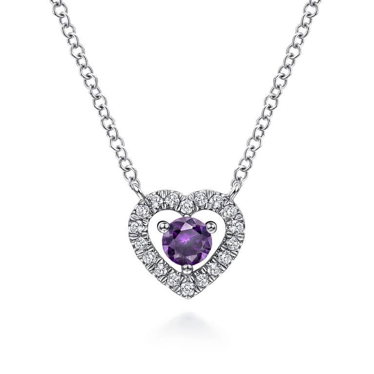 14K White Gold Round Amethyst and Diamond Heart Pendant Necklace - 0.09 ct - Shot 1