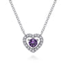 14K White Gold Round Amethyst and Diamond Heart Pendant Necklace - 0.09 ct