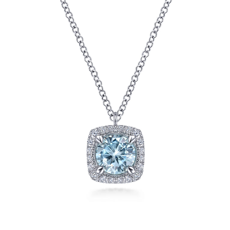 14K White Gold Round Aquamarine and Cushion Diamond Halo Pendant Necklace - 0.16 ct - Shot 1