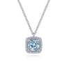 14K White Gold Round Aquamarine and Cushion Diamond Halo Pendant Necklace - 0.16 ct