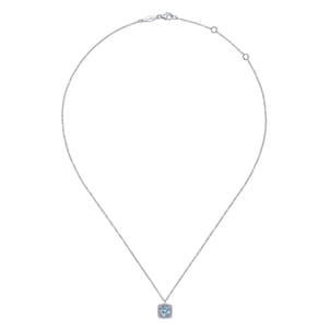 14K White Gold Round Aquamarine and Cushion Diamond Halo Pendant Necklace