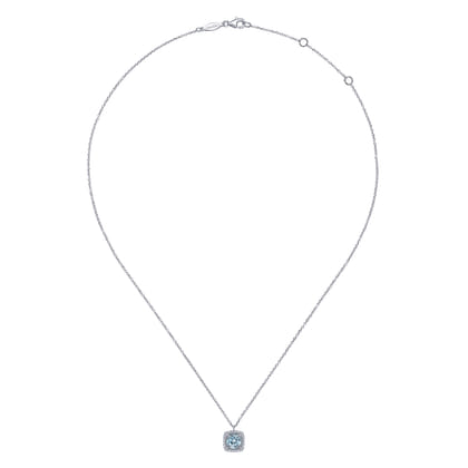 14K White Gold Round Aquamarine and Cushion Diamond Halo Pendant Necklace