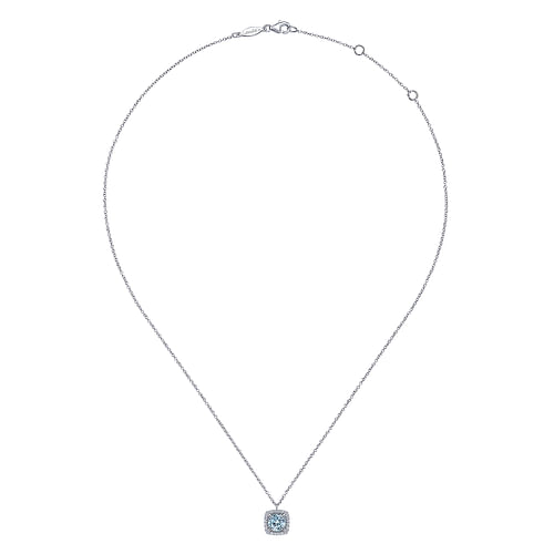 14K White Gold Round Aquamarine and Cushion Diamond Halo Pendant Necklace - 0.16 ct - Shot 2