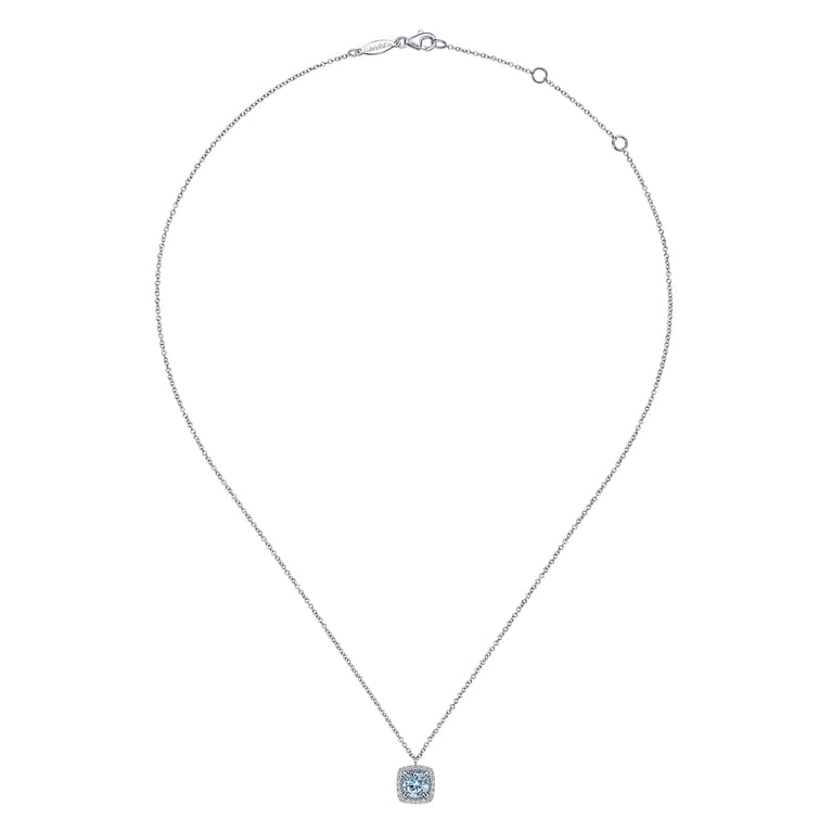 14K White Gold Round Aquamarine and Cushion Diamond Halo Pendant Necklace - 0.16 ct - Shot 2