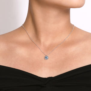 14K White Gold Round Aquamarine and Cushion Diamond Halo Pendant Necklace