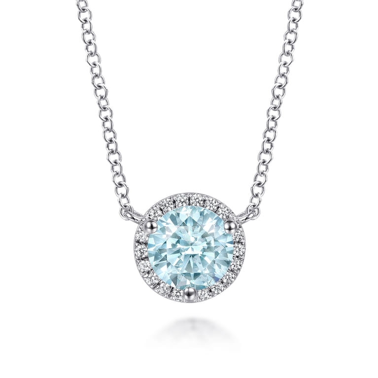 14K White Gold Round Aquamarine and Diamond Halo Pendant Necklace - 0.07 ct - Shot 1
