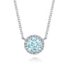 14K White Gold Round Aquamarine and Diamond Halo Pendant Necklace - 0.07 ct