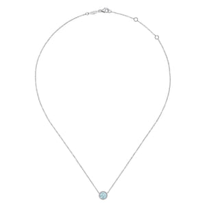 14K White Gold Round Aquamarine and Diamond Halo Pendant Necklace