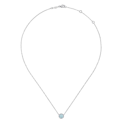 14K White Gold Round Aquamarine and Diamond Halo Pendant Necklace