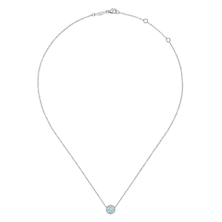 14K White Gold Round Aquamarine and Diamond Halo Pendant Necklace - 0.07 ct - Shot 2