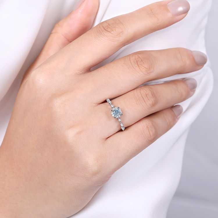 14K White Gold Round Aquamarine and Diamond Halo Ring