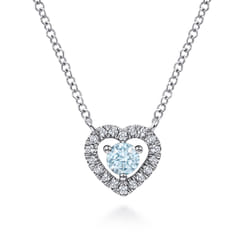 14K White Gold Round Aquamarine and Diamond Heart Pendant Necklace