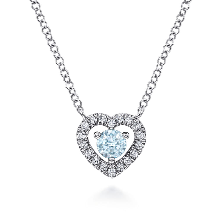 14K White Gold Round Aquamarine and Diamond Heart Pendant Necklace - 0.09 ct - Shot 1