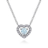 14K White Gold Round Aquamarine and Diamond Heart Pendant Necklace - 0.09 ct
