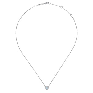 14K White Gold Round Aquamarine and Diamond Heart Pendant Necklace