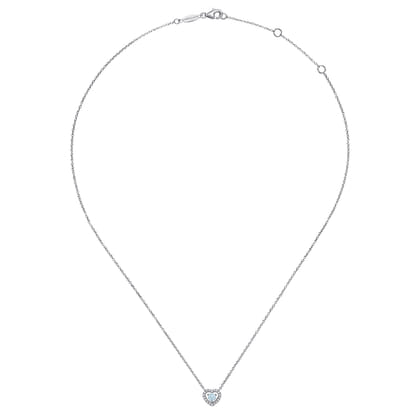 14K White Gold Round Aquamarine and Diamond Heart Pendant Necklace