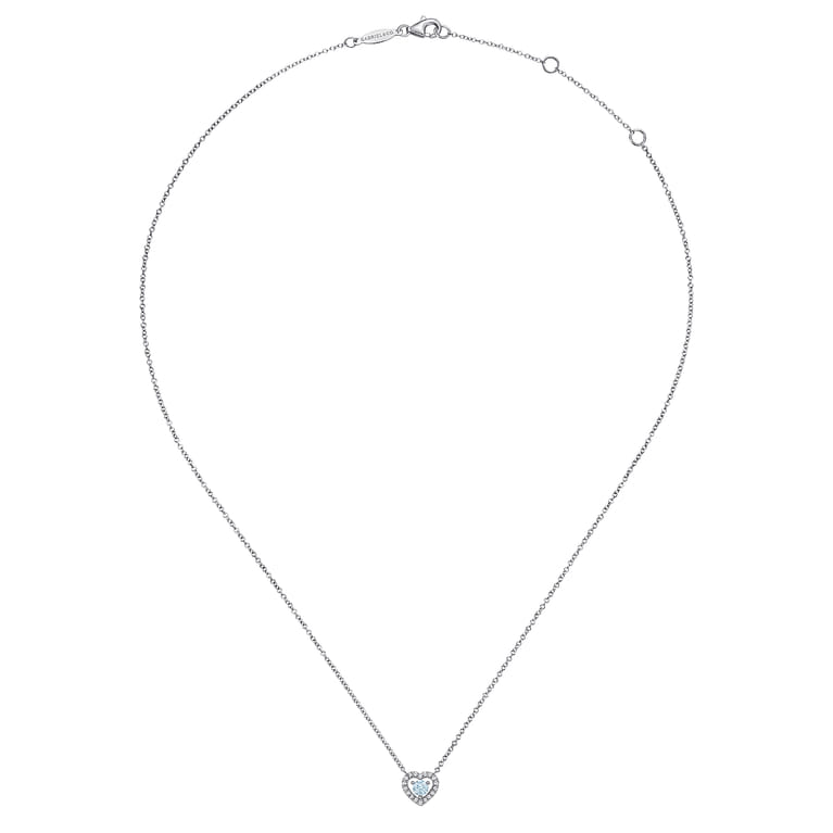 14K White Gold Round Aquamarine and Diamond Heart Pendant Necklace - 0.09 ct - Shot 2