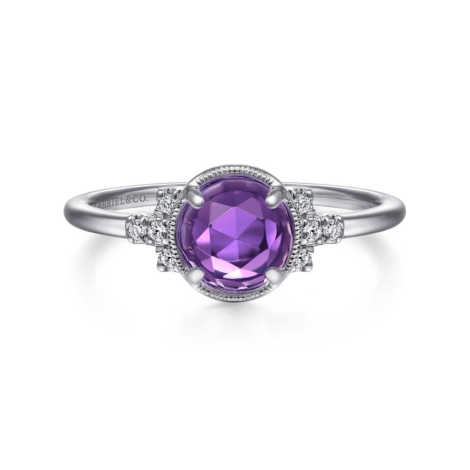 14K White Gold Round Bezel Set Amethyst Ring with Diamond Side Accents