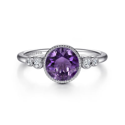 14K White Gold Round Bezel Set Amethyst and Diamond Ring