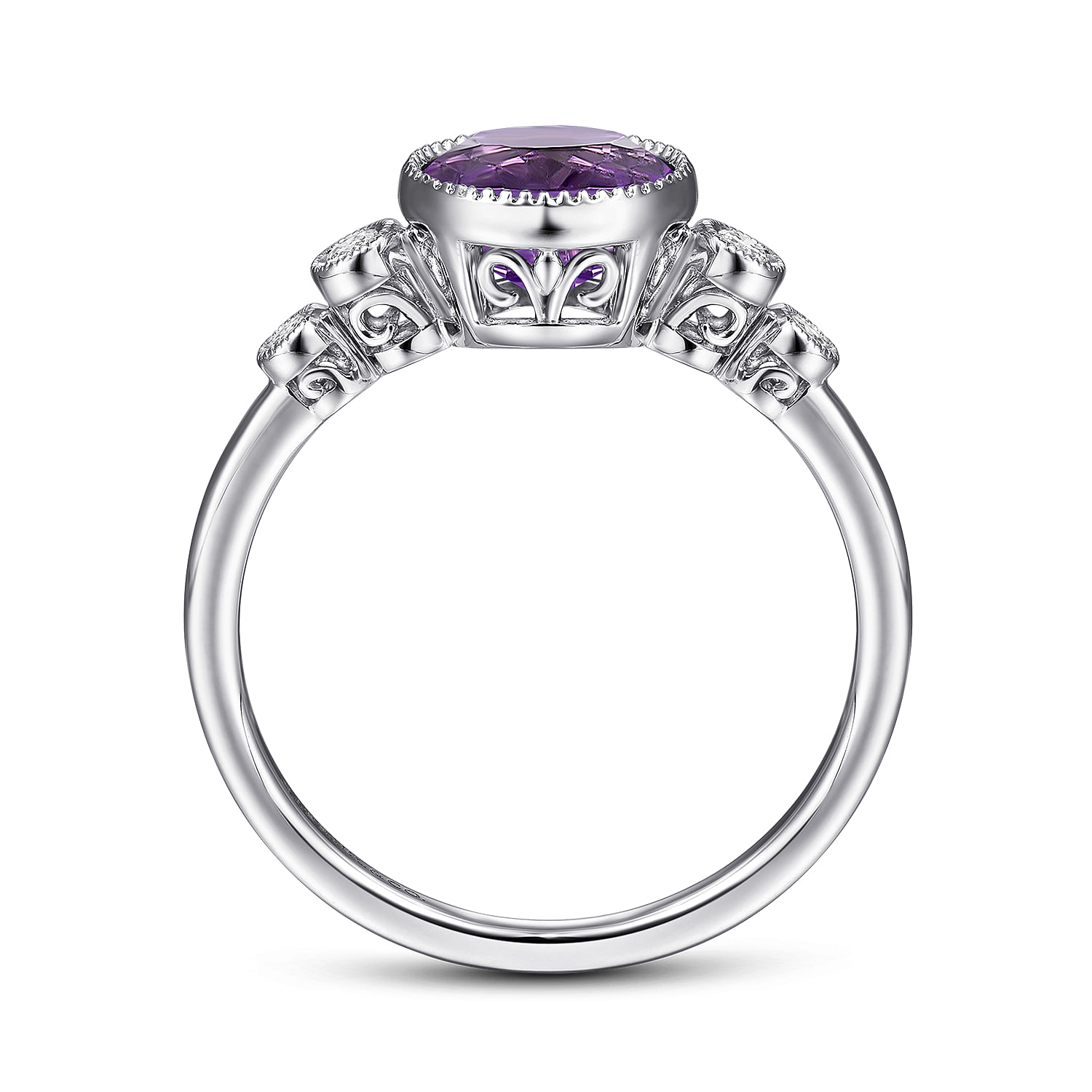14K White Gold Round Bezel Set Amethyst and Diamond Ring
