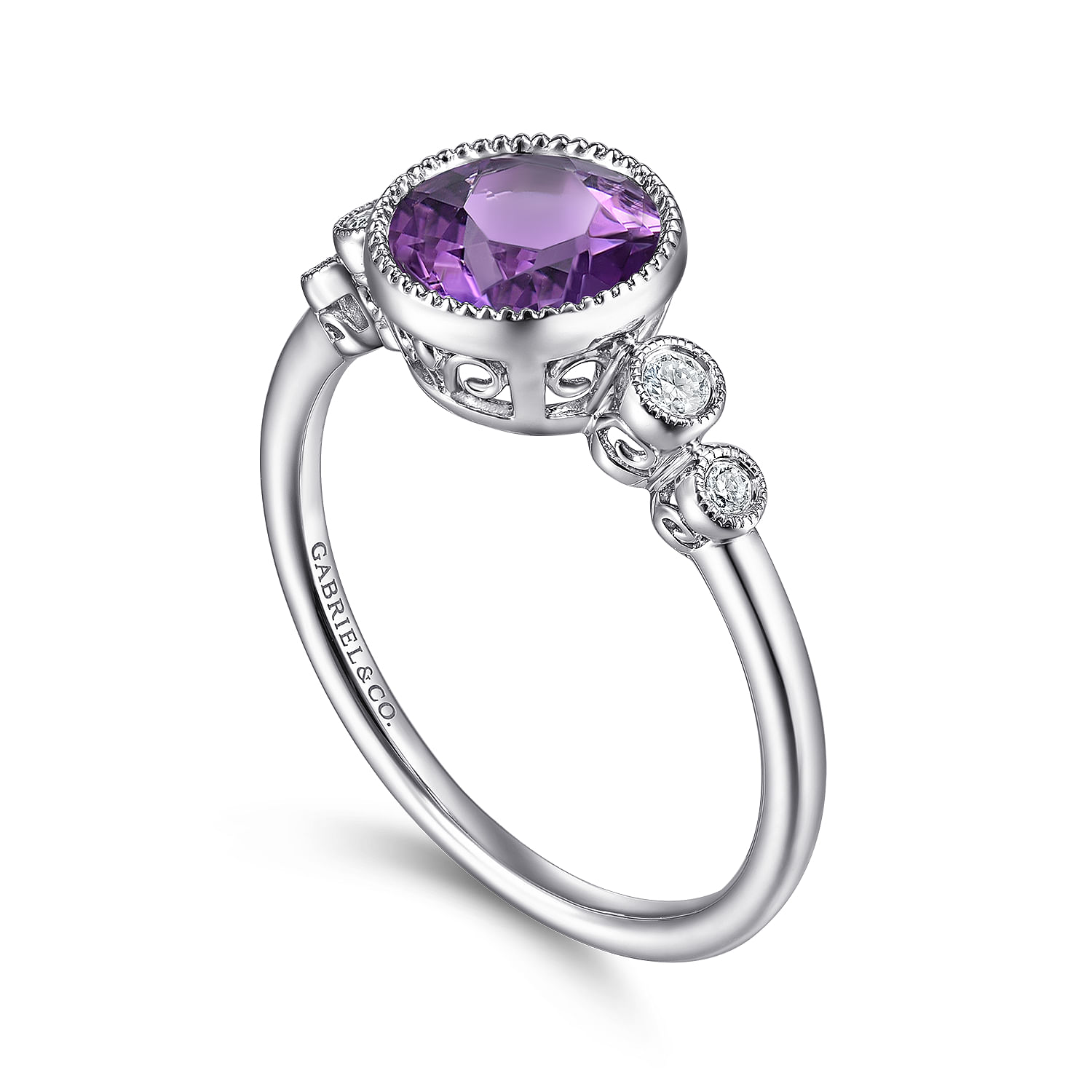 14K White Gold Round Bezel Set Amethyst and Diamond Ring