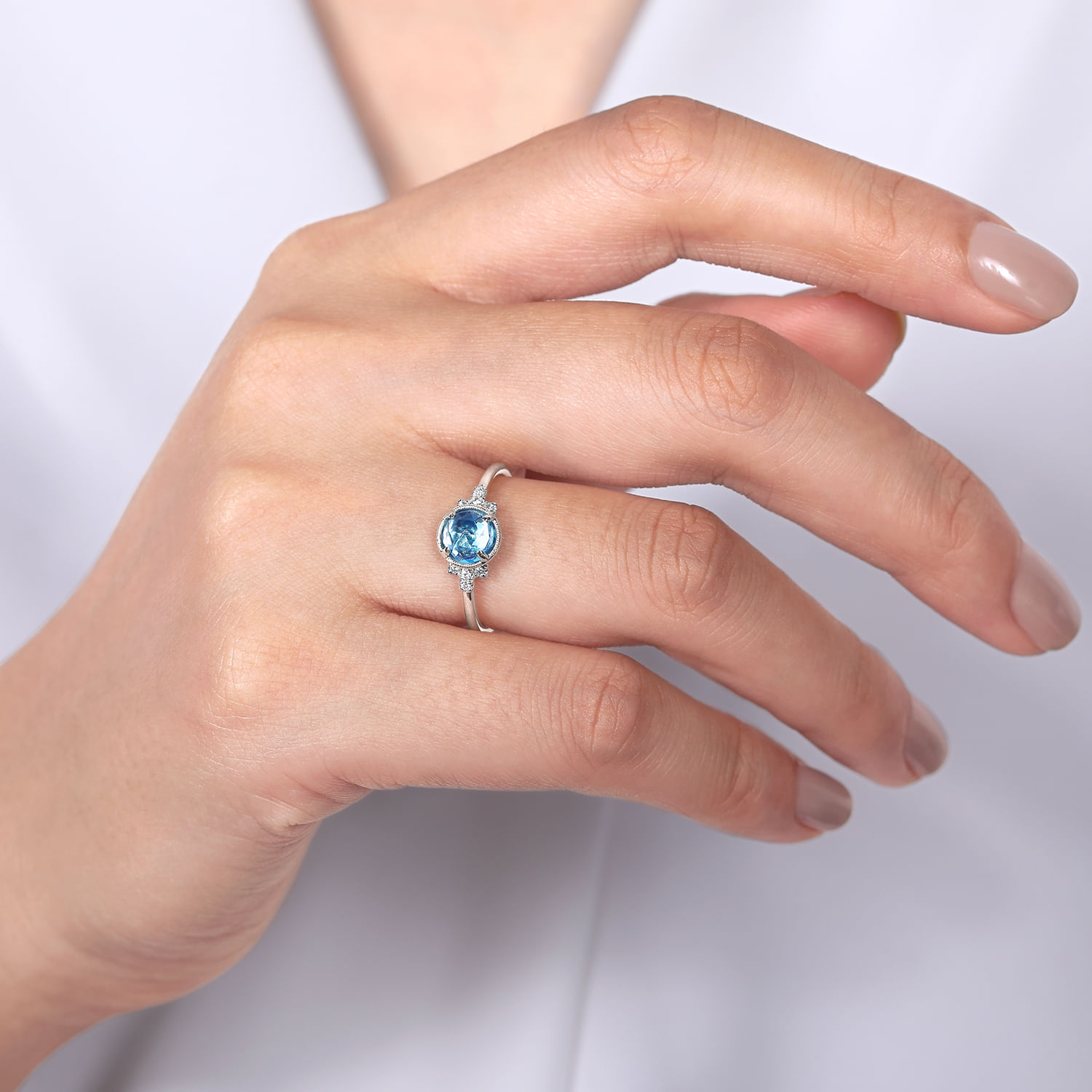 14K White Gold Round Bezel Set Blue Topaz Ring with Diamond Side Accents - 0.05 ct - Shot 5