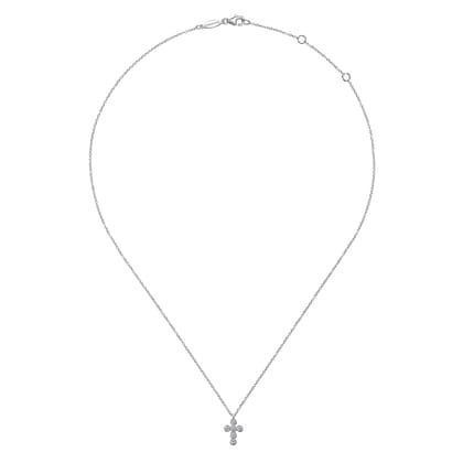 14K White Gold Round Bezel Set Diamond Cross Pendant Necklace