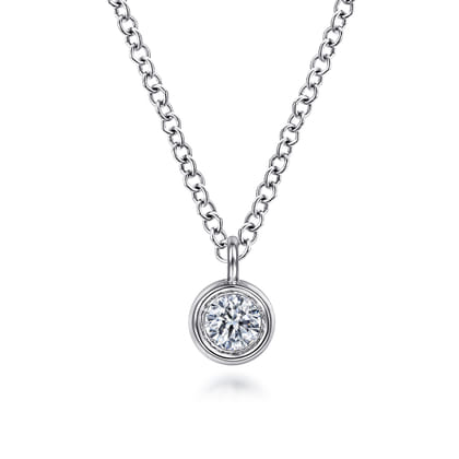14K White Gold Round Bezel Set Diamond Pendant Necklace