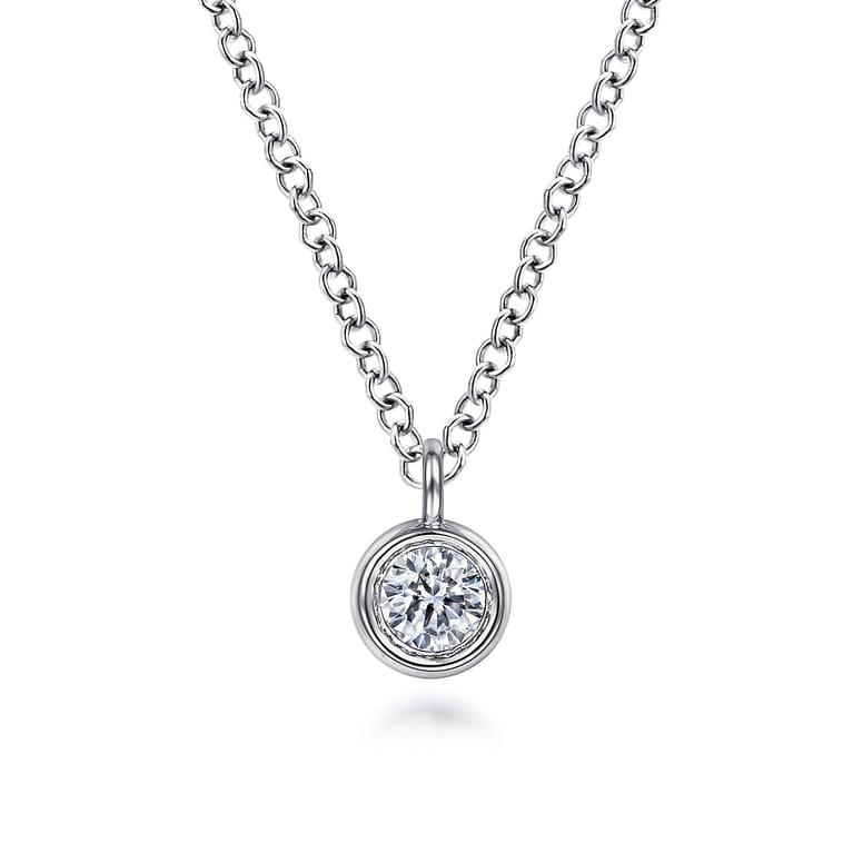 14K White Gold Round Bezel Set Diamond Pendant Necklace - 0.1 ct - Shot 1
