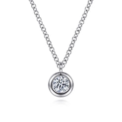 14K White Gold Round Bezel Set Diamond Pendant Necklace