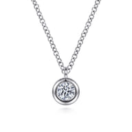 14K White Gold Round Bezel Set Diamond Pendant Necklace
