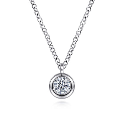 14K White Gold Round Bezel Set Diamond Pendant Necklace