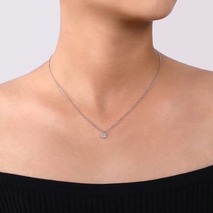 14K White Gold Round Bezel Set Diamond Pendant Necklace
