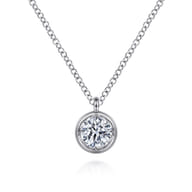 14K White Gold Round Bezel Set Diamond Pendant Necklace
