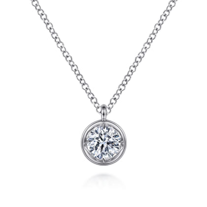 14K White Gold Round Bezel Set Diamond Pendant Necklace