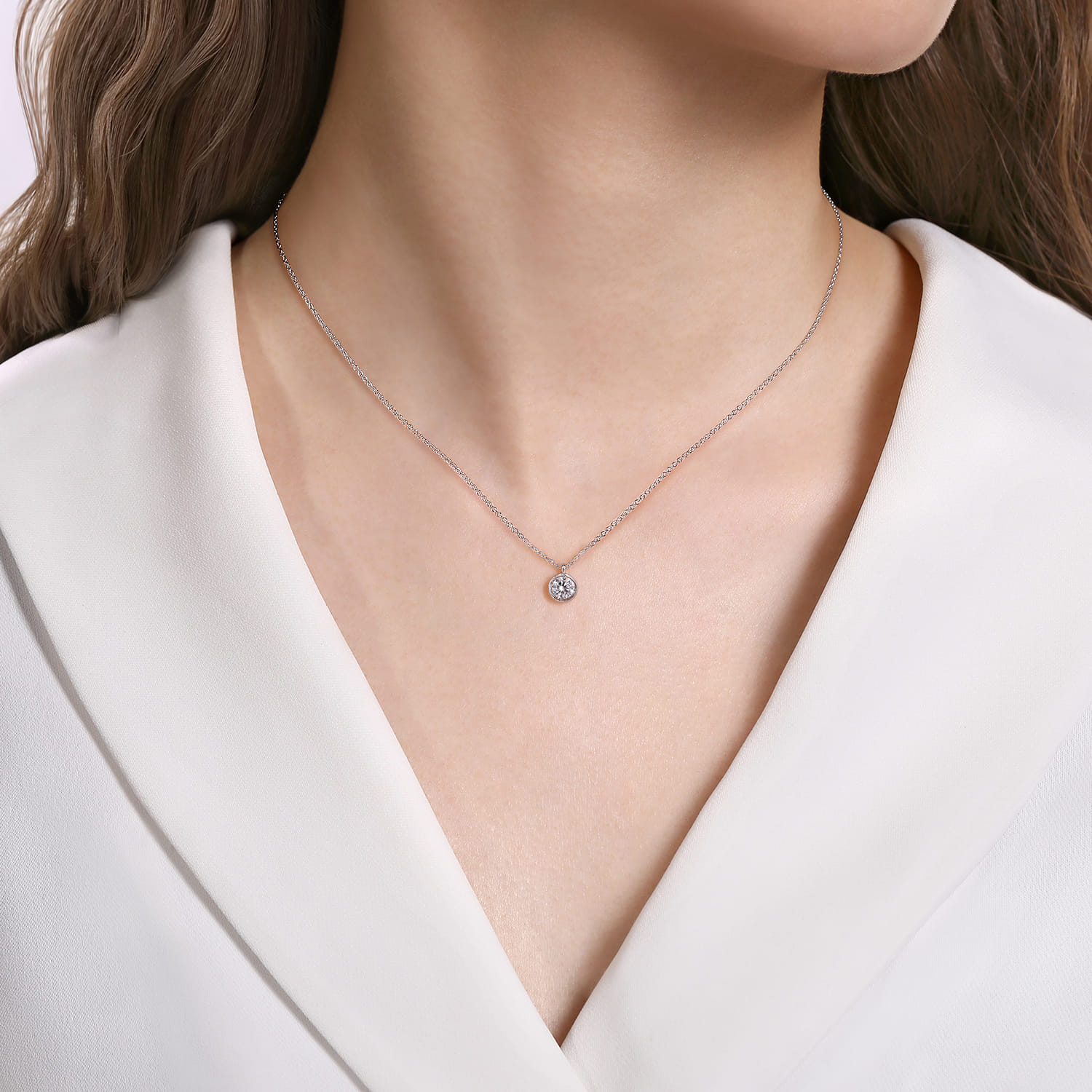 14K White Gold Round Bezel Set Diamond Pendant Necklace - 0.5 ct - Shot 3
